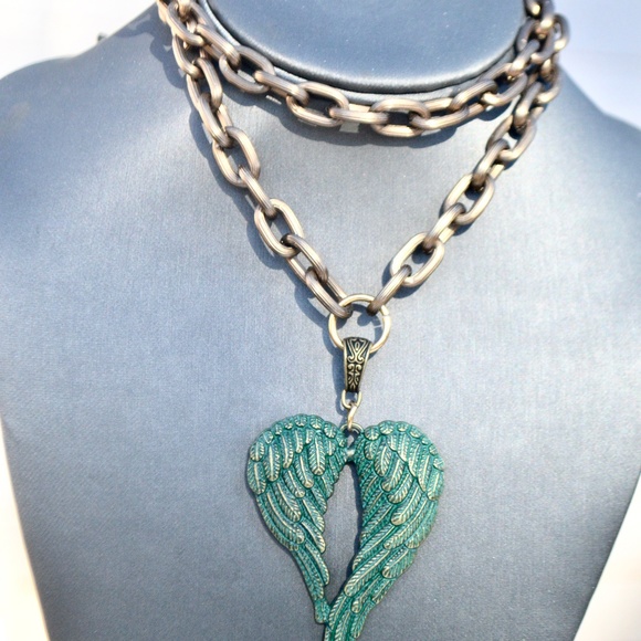 Angel Wings Big Pendant Filigree Necklace Brass Green Patina Verdigris Gift Boho - Picture 5 of 5